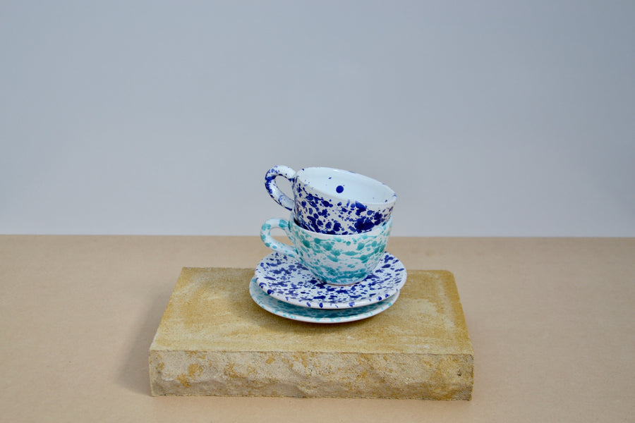 Set of Two Ceramic Tea / Coffee Mugs with Saucers, Navy and Tiffany