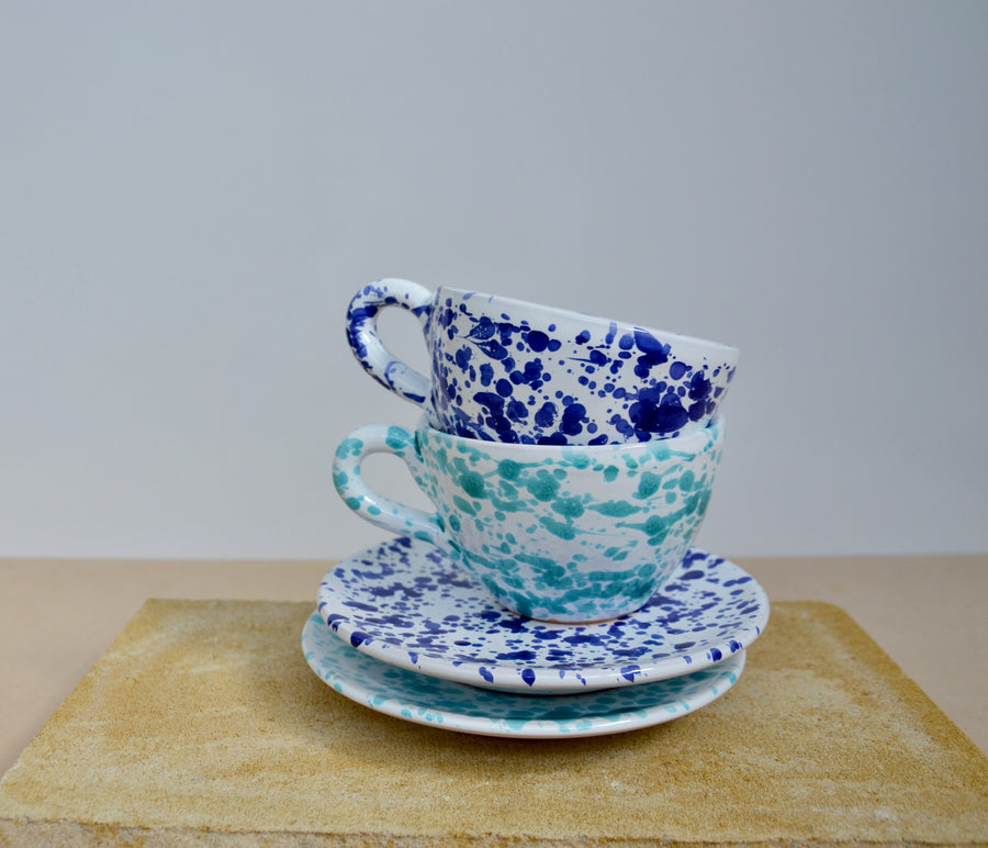 Set of Two Ceramic Tea / Coffee Mugs with Saucers, Navy and Tiffany