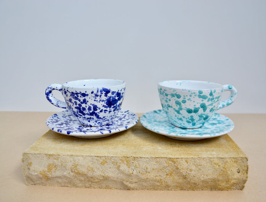 Set of Two Ceramic Tea / Coffee Mugs with Saucers, Navy and Tiffany