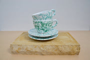Set of Two Ceramic Tea / Coffee Mugs with Saucers, Green and Azur