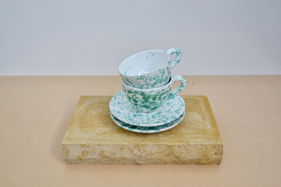 Set of Two Ceramic Tea / Coffee Mugs with Saucers, Green and Azur