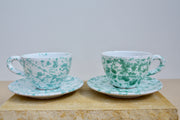 Set of Two Ceramic Tea / Coffee Mugs with Saucers, Green and Azur