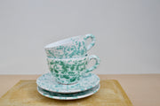 Set of Two Ceramic Tea / Coffee Mugs with Saucers, Green and Azur