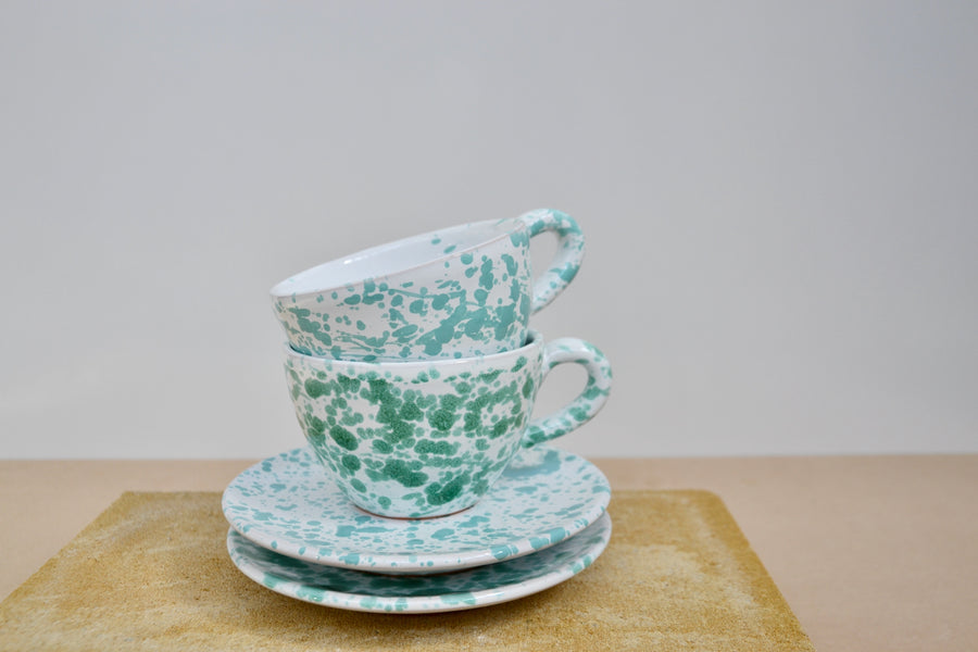 Set of Two Ceramic Tea / Coffee Mugs with Saucers, Green and Azur