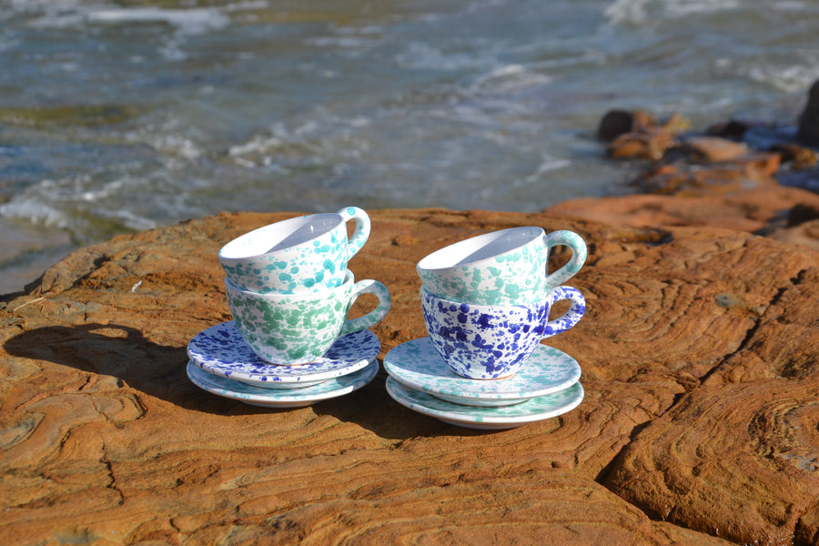Set of Two Ceramic Tea / Coffee Mugs with Saucers, Green and Azur