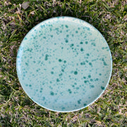 Speckled green ceramic plate on grass
