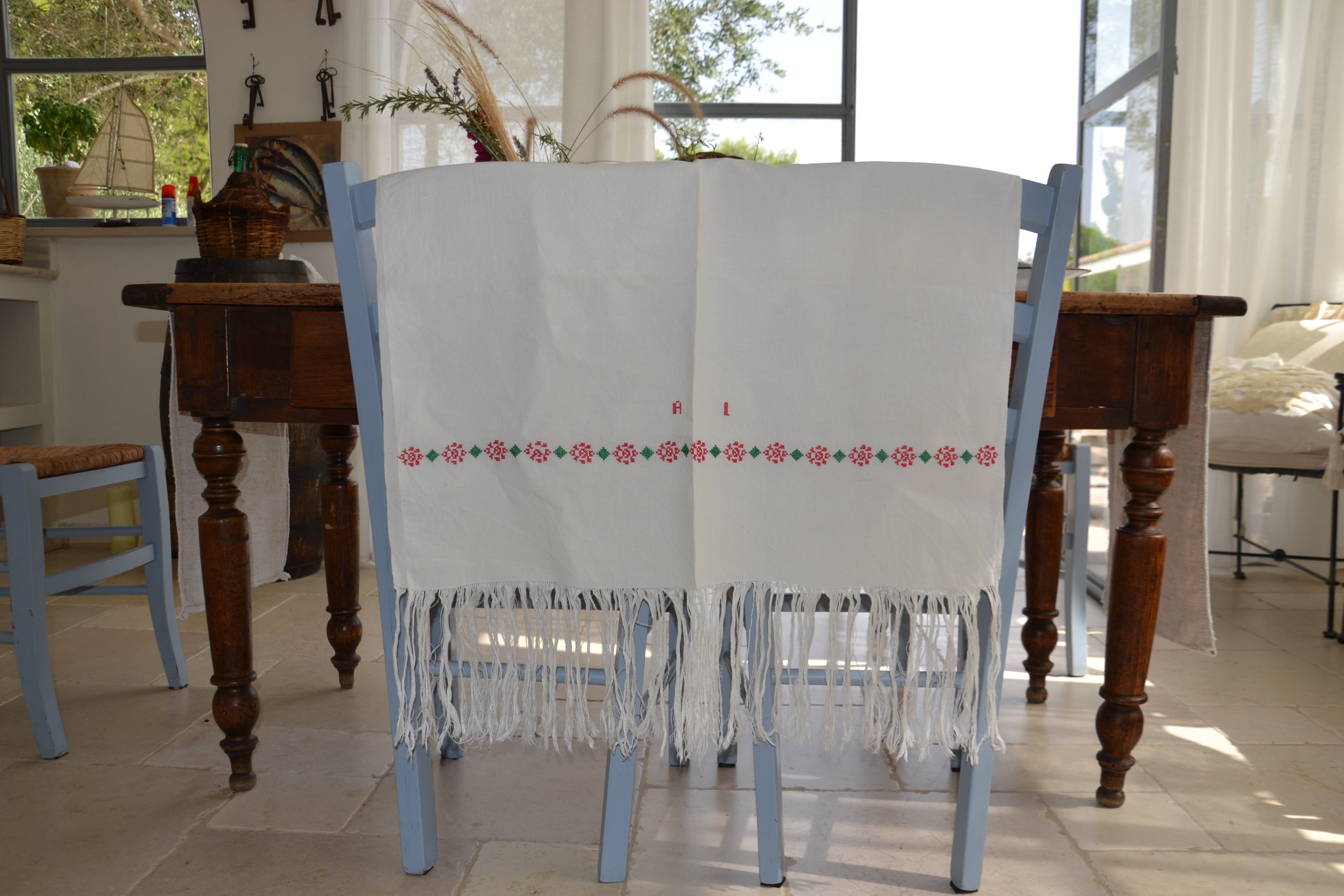 Vintage Italian cotton body towel in red and pink from Puglia