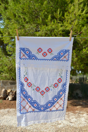 Vintage embroidered Italian tea towel with blue and red detailing