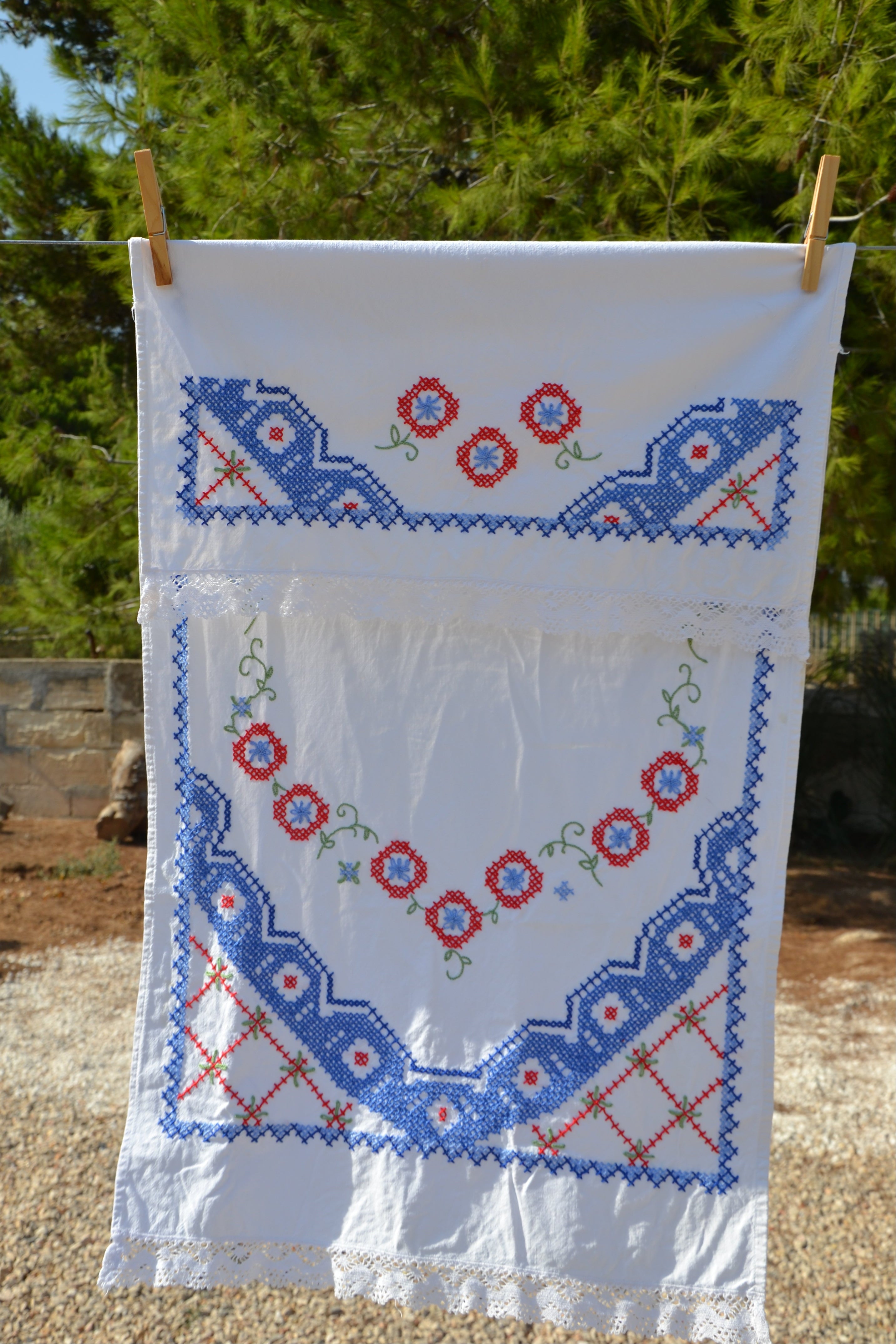 Blue and red vintage Italian embroidered tea towel detail