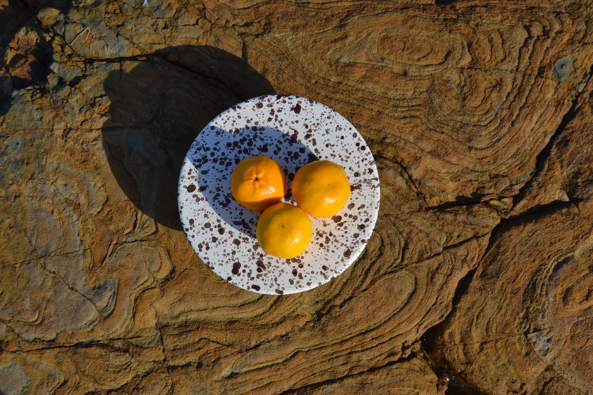 Cream and brown speckled Italian ceramic cake stand