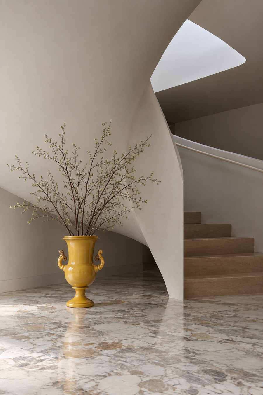 A yellow ceramic urn-shaped vase with handles, holding a dried branch arrangement, placed on a polished marble floor in a modern interior with a curved staircase and skylight.