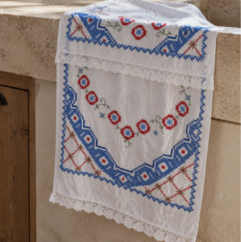 Vintage Italian embroidered tea towel in blue and red, sourced in Puglia