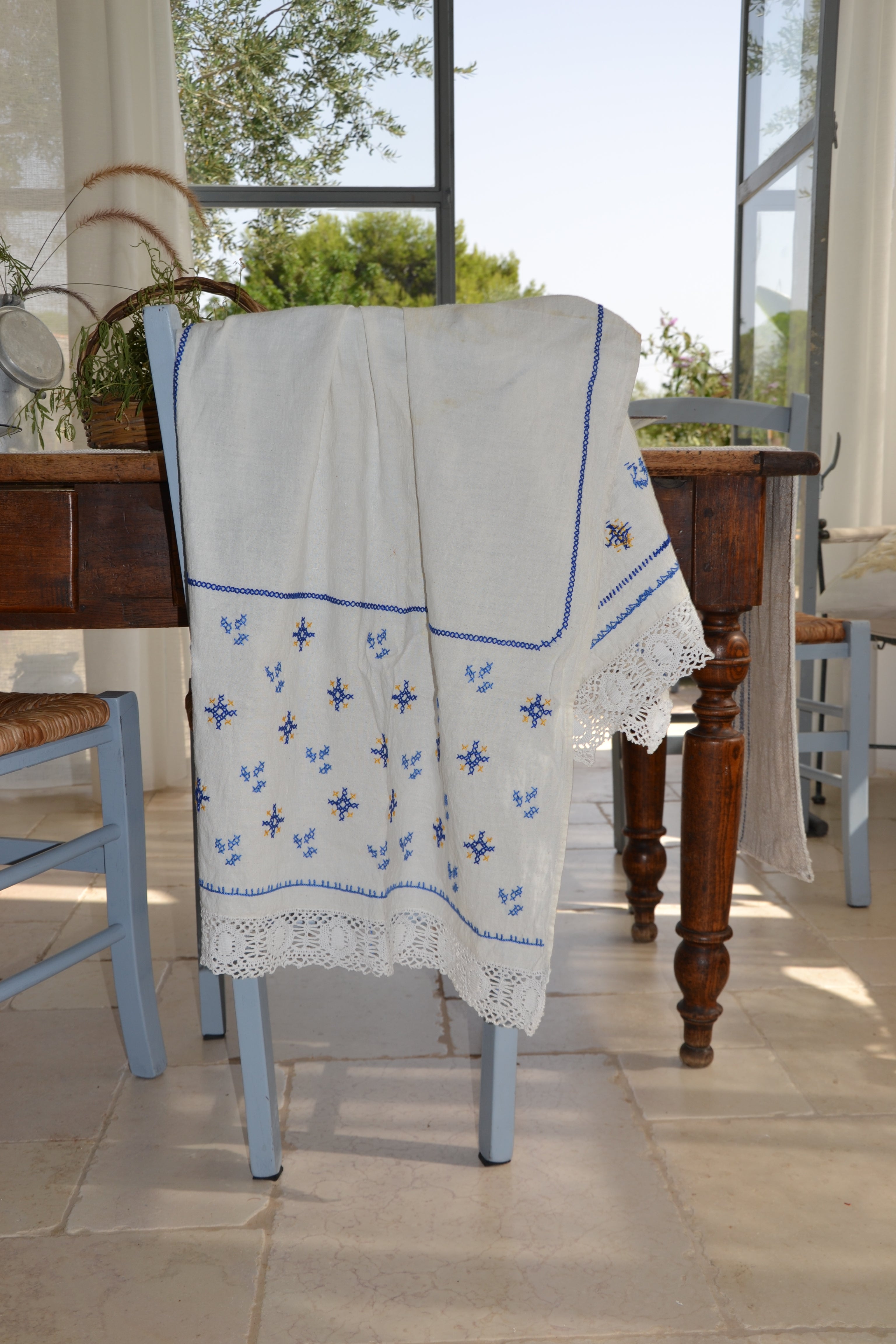 Vintage Italian cotton tea towel with stars and floral pattern
