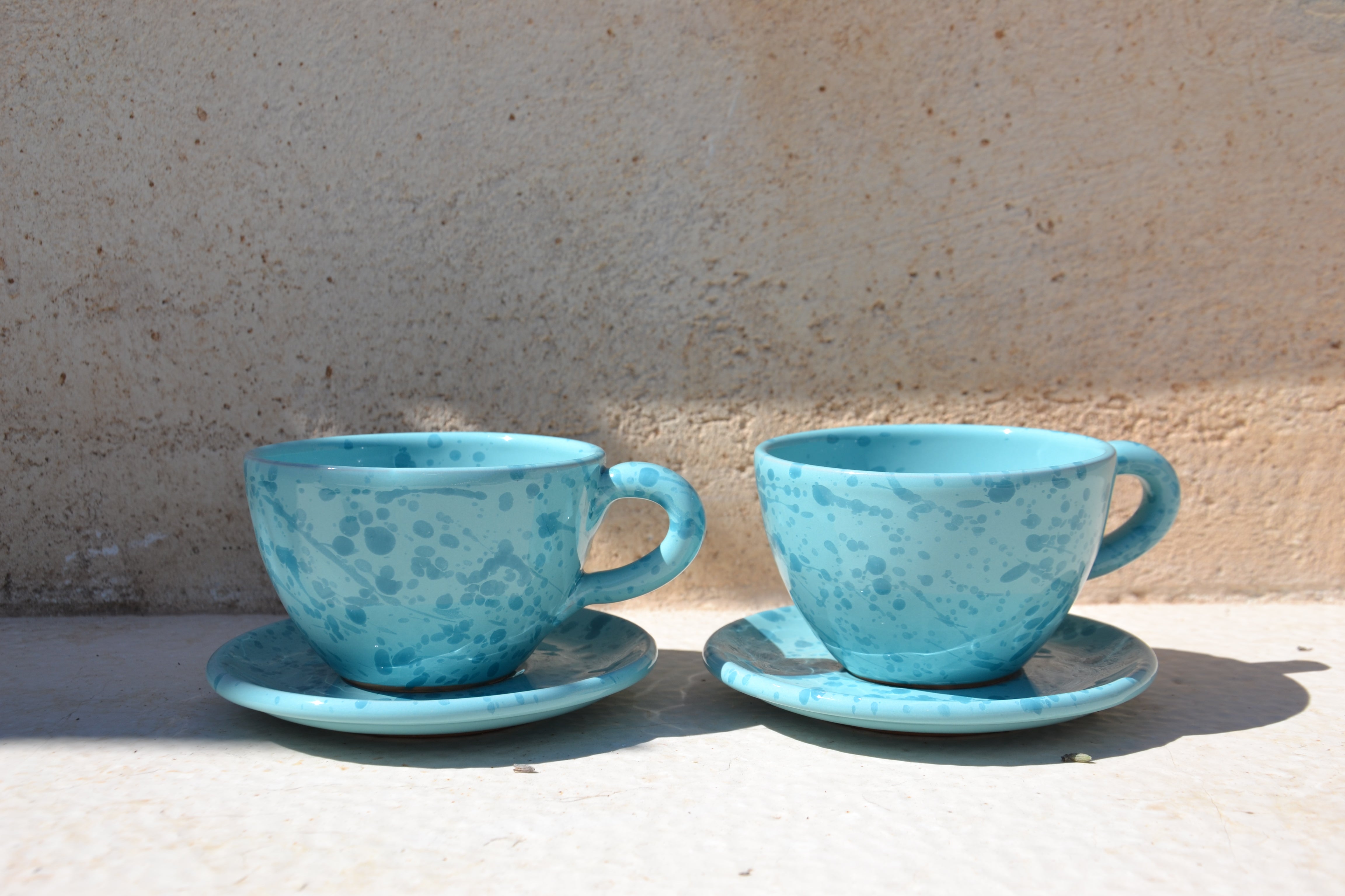 Set of Two Ceramic Tea / Coffee Cups with Saucers, Teal