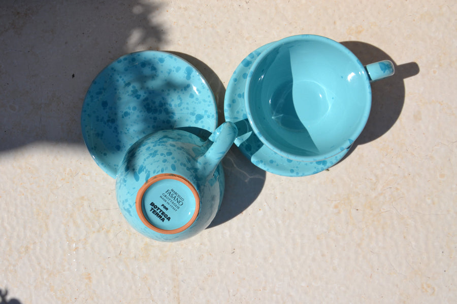 Set of Two Ceramic Tea / Coffee Cups with Saucers, Teal