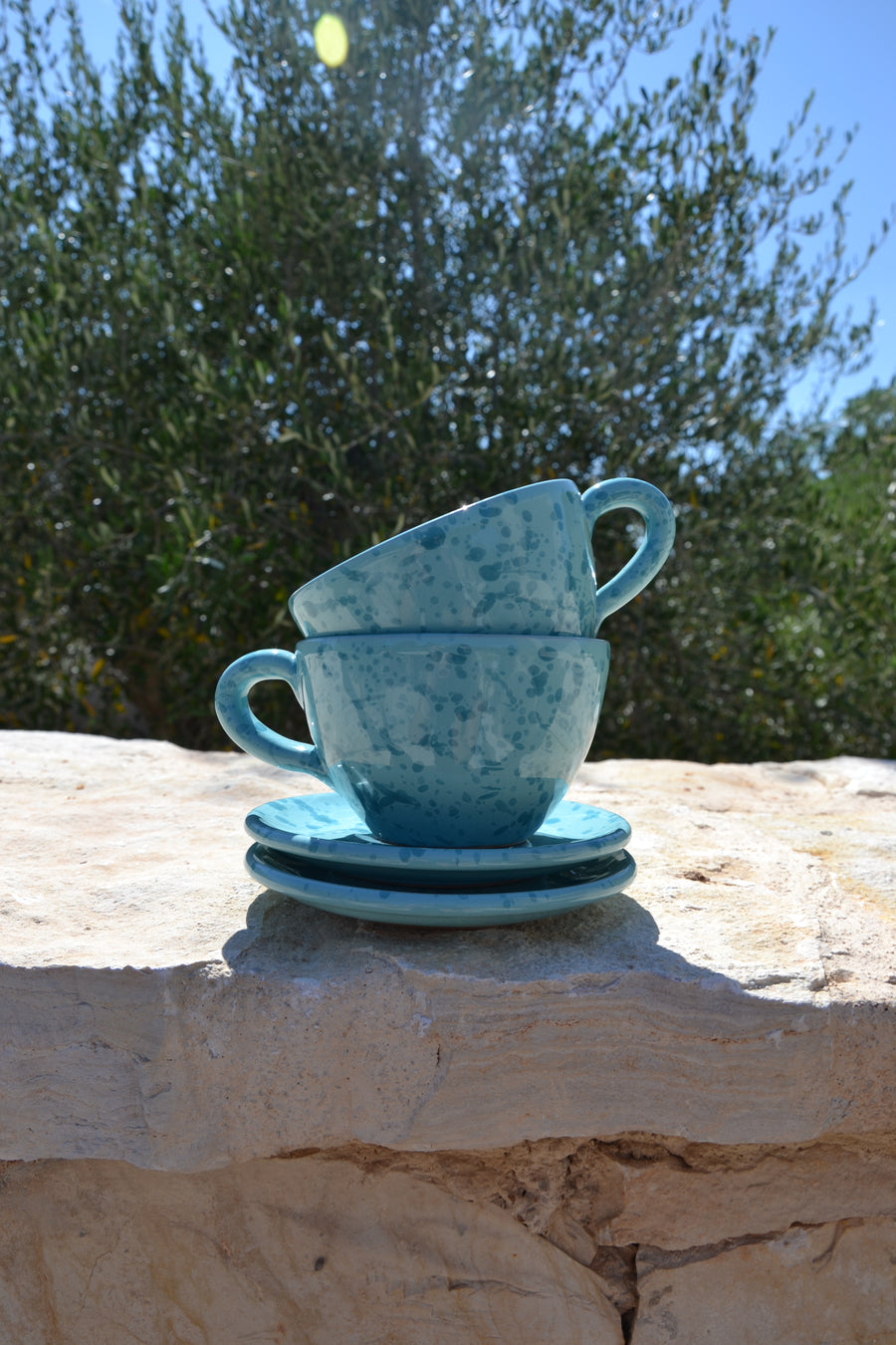 Set of Two Ceramic Tea / Coffee Cups with Saucers, Teal