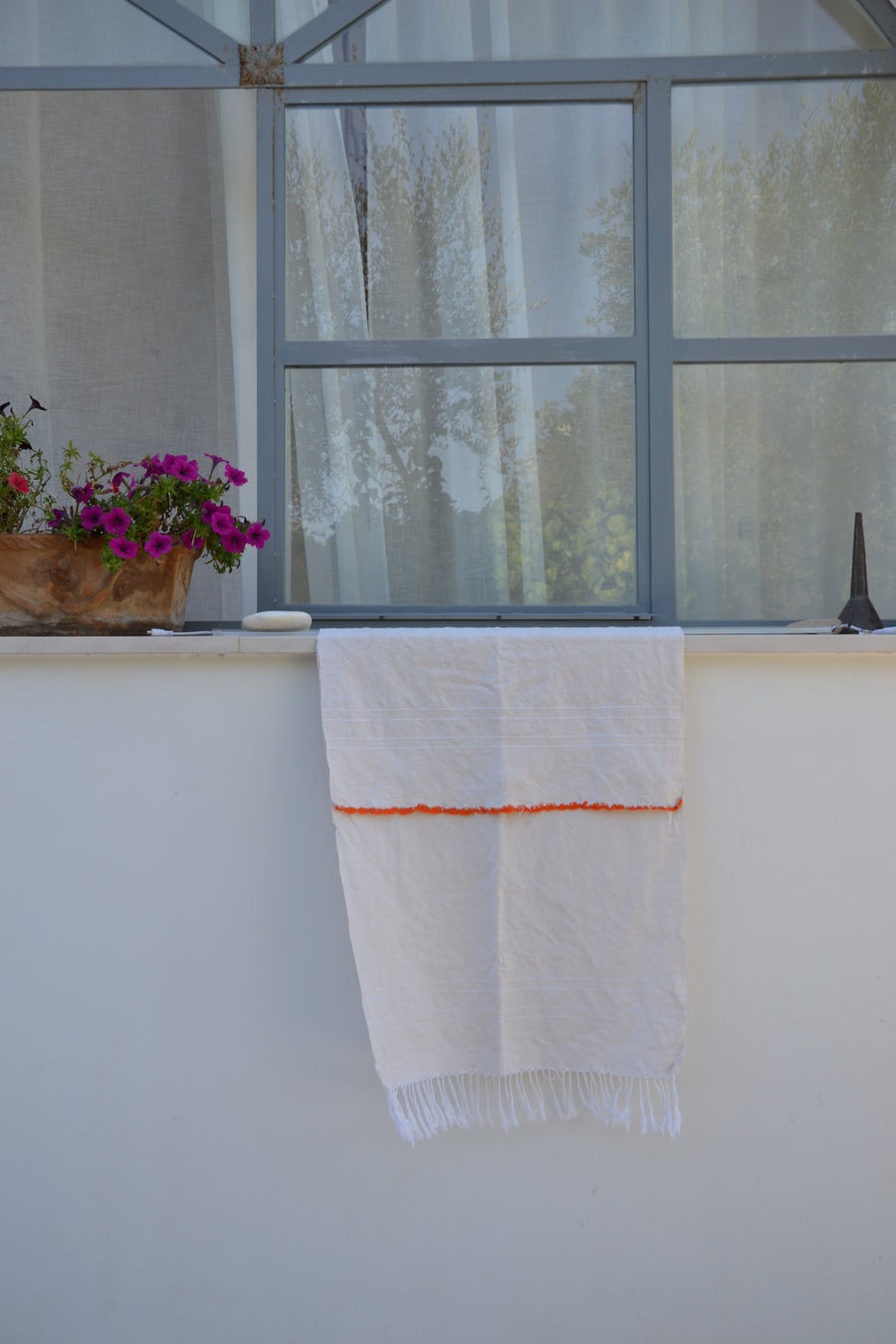 Vintage Italian cotton linen tea towel with orange detailing