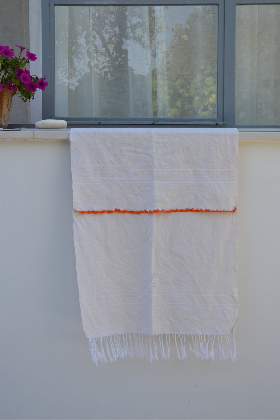 Vintage handmade Italian tea towel in orange cotton linen