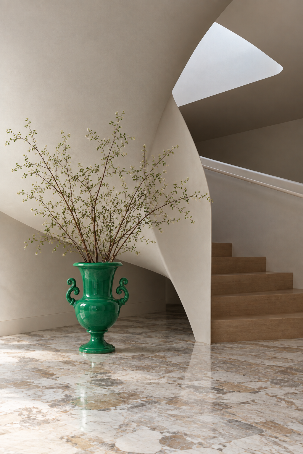 A glossy emerald green ceramic urn-shaped vase with two handles, holding delicate leafless branches, placed on a polished marble floor in a modern interior with a curved staircase and cream walls.